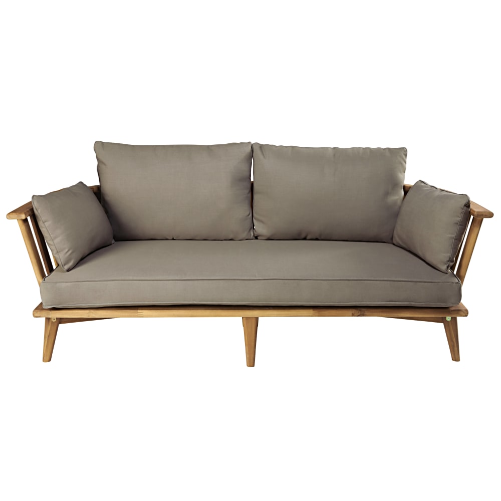 Banquette de jardin 2/3 places imitation teck et coussins taupe - Maisons du Monde