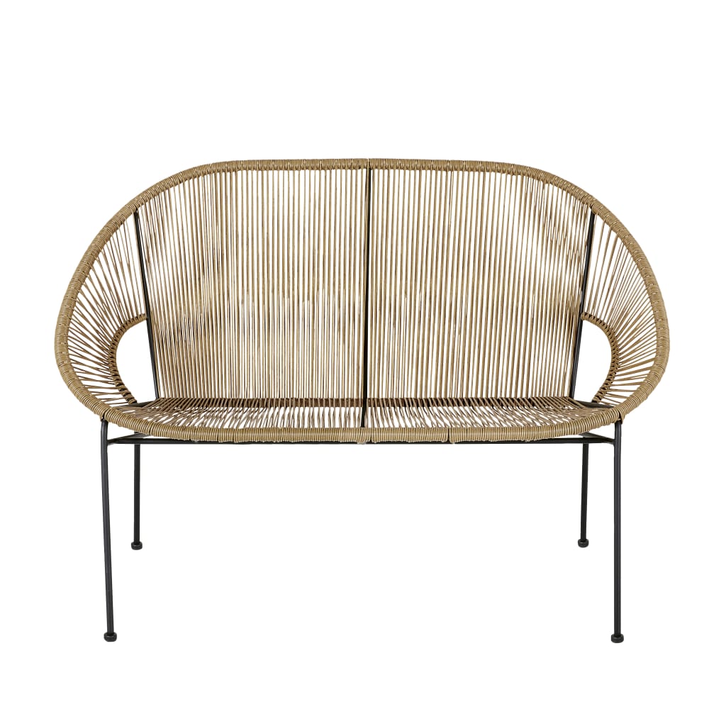 Banquette de jardin 2 places en résine recyclée imitation rotin et acier noir