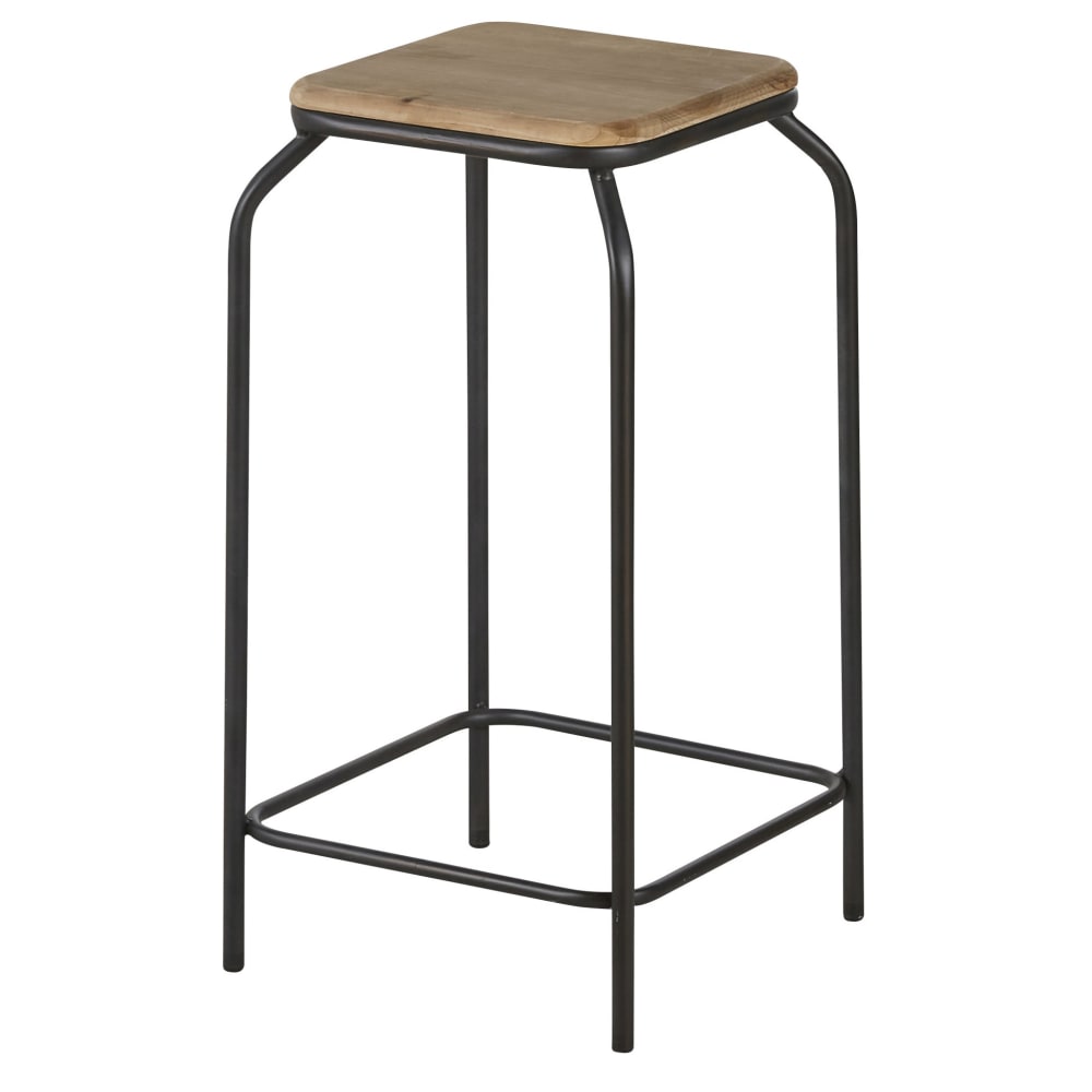 Barhocker aus schwarzem Stahl und Tannenholz (2 Stück), H65cm -