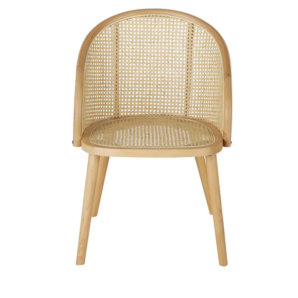 Beige eetkamerfauteuil van gevlochten rotan en beukenhout -