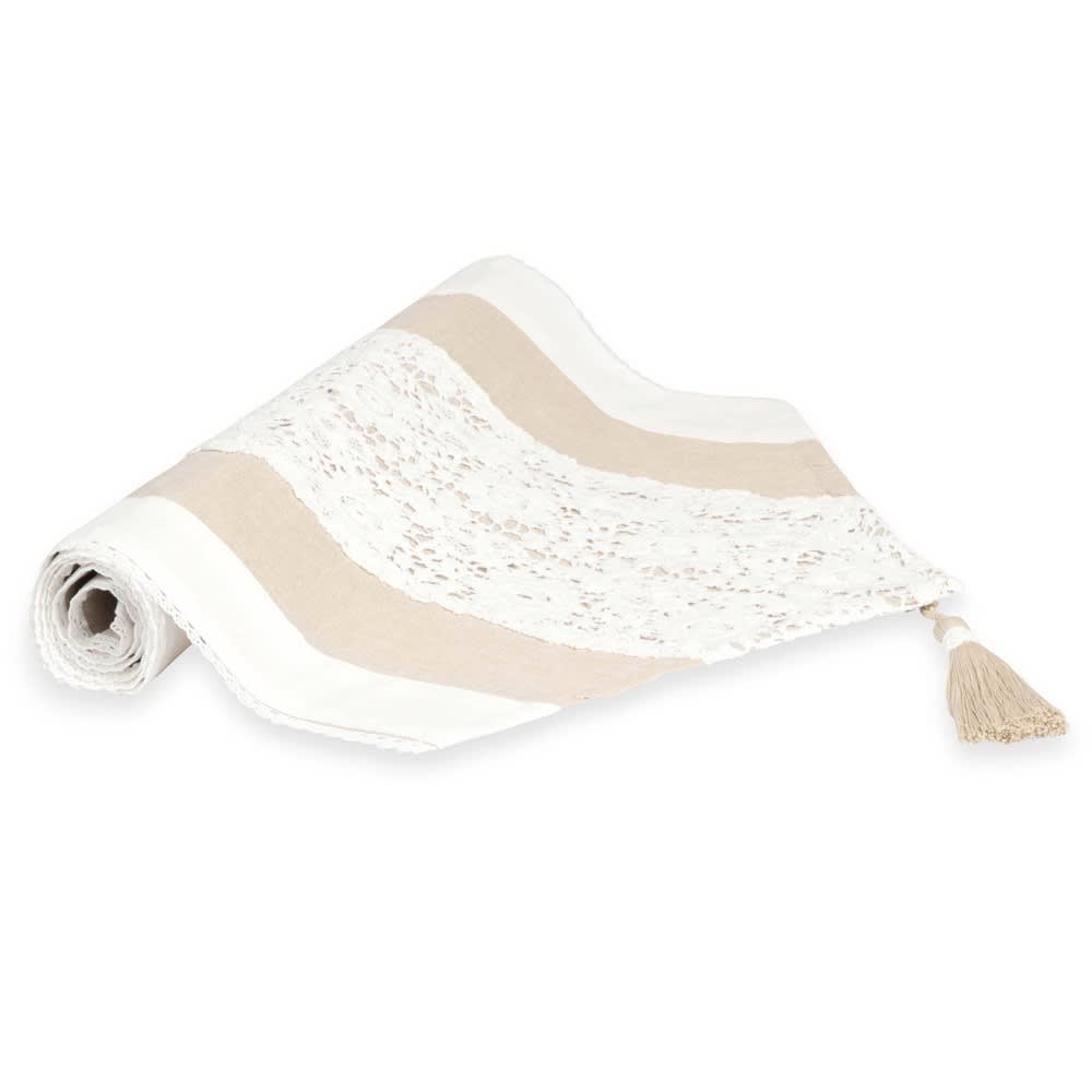 Beige katoenen tafelloper met beige kant 40x150 - Maisons Du