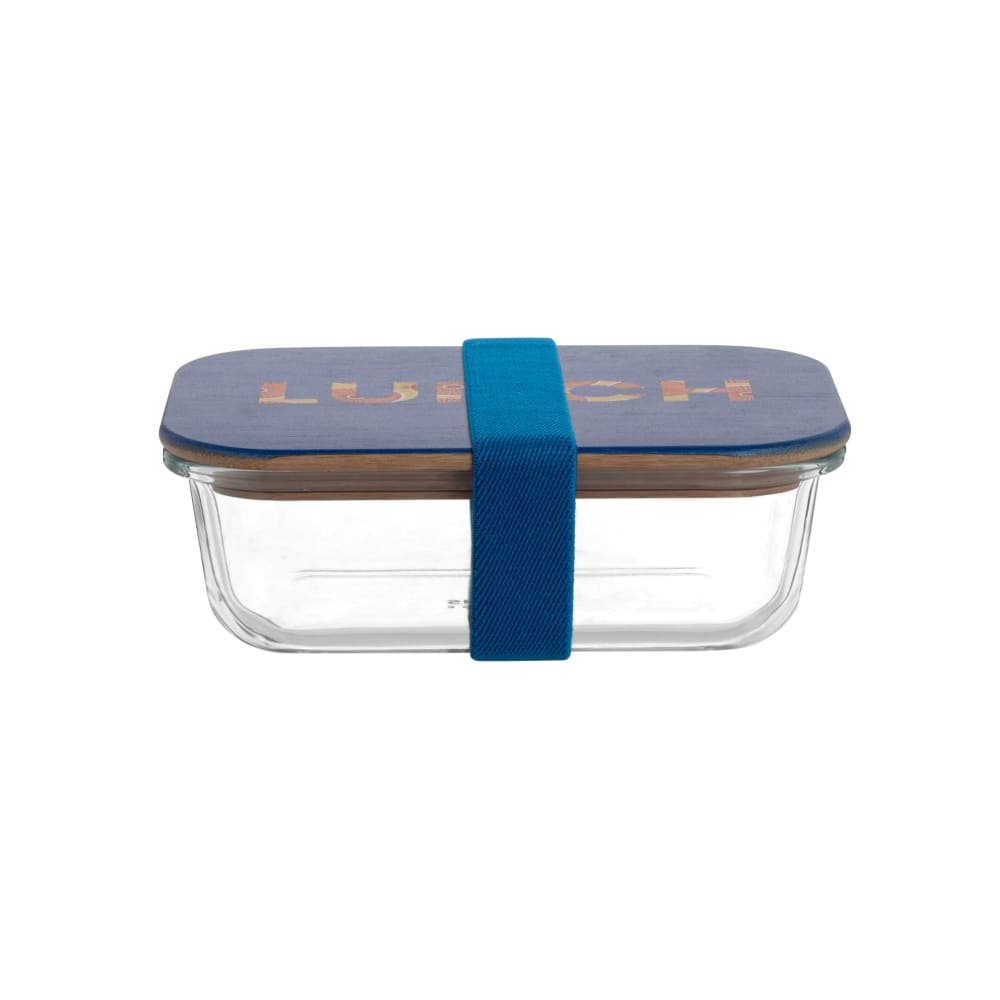 Bento de vidrio transparente con tapa en azul y naranja
