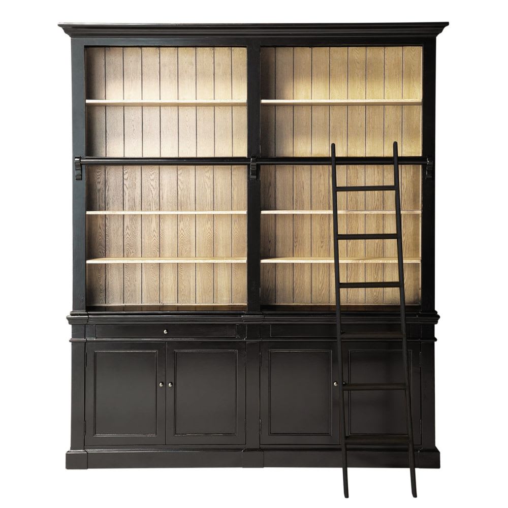 Bibliothèque 2 portes 2 tiroirs en bois d'acacia noir et échelle noire L202
