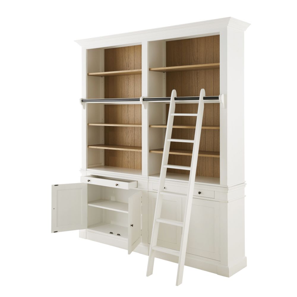 Bibliothèque 2 tiroirs 4 portes avec échelle blanche L202 - Maisons du Monde
