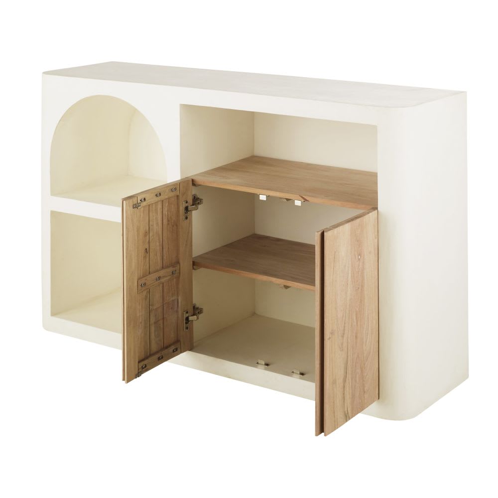 Bibliothèque basse 2 portes 1 niche blanc crème L140