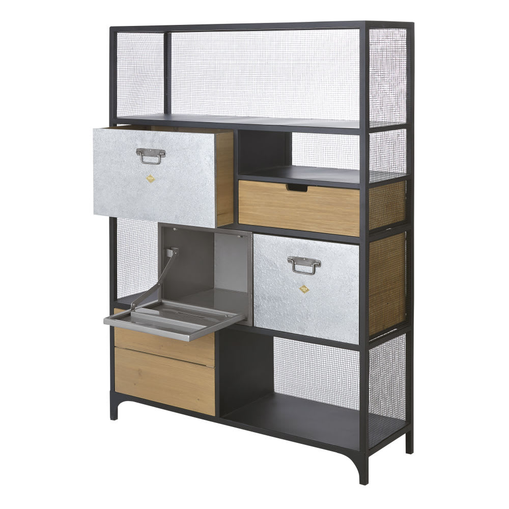 Bibliothèque industrielle 4 tiroirs 1 porte en bois de sapin et métal L99 - Maisons du Monde