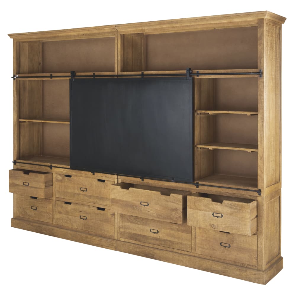 Bibliothèque meuble TV 8 tiroirs 1 porte coulissante en métal noir L280 - Maisons du Monde