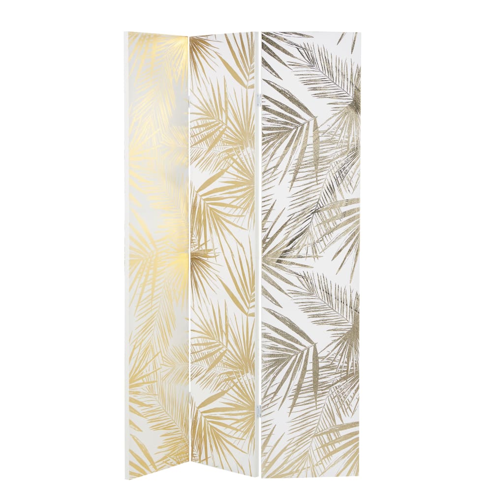 biombo con impresion de motivos vegetales en blanco y dorado