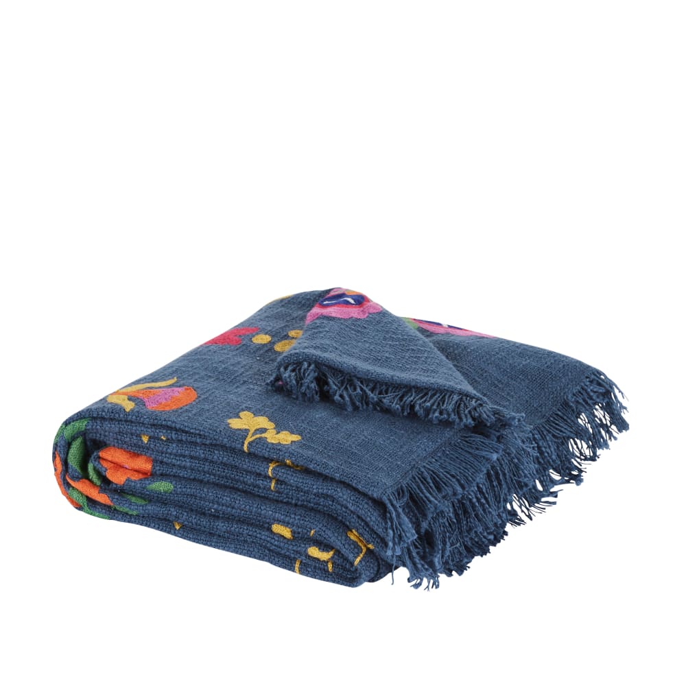 Blauwe katoenen plaid met geborduurde multi-kleurige bloemenprint 170x130 - Maisons Du Monde