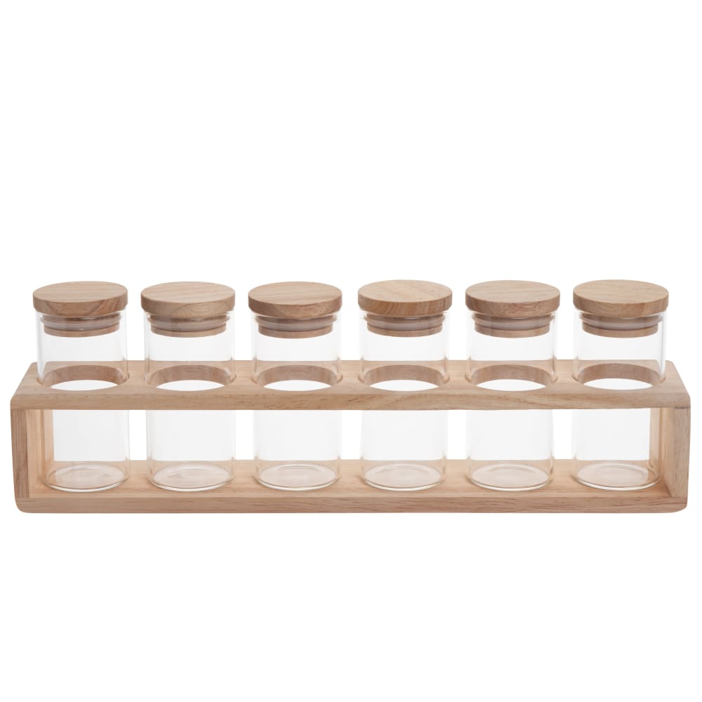 Bocaux à épices en verre et support en bois d'hévéa