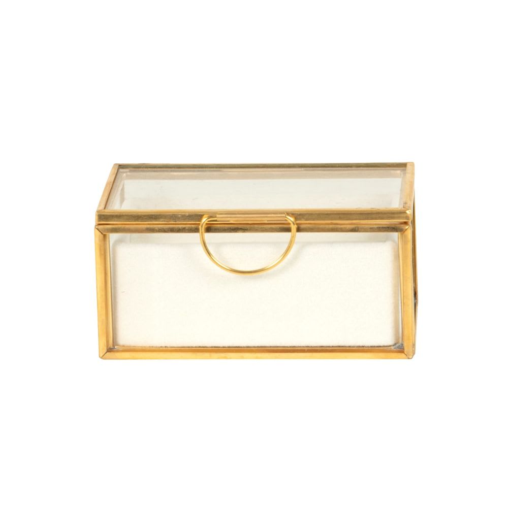 Boite+à+bijoux+en+verre+transparent,+dore+et+tissu+ecru