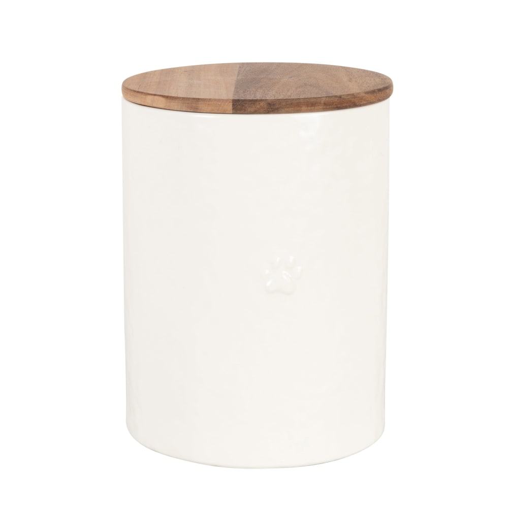 Boîte à croquettes en grès blanc cassé et couvercle en bois d'acacia H24