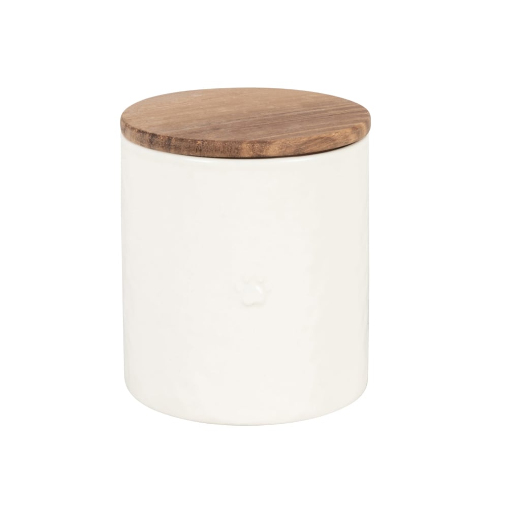 Boîte à croquettes en grès blanc et couvercle en bois d'acacia H15