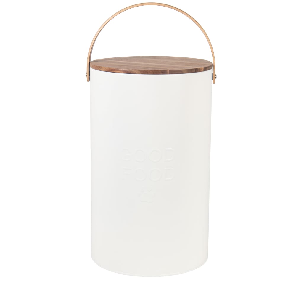 Boîte à croquettes en métal blanc cassé et couverble en bois d'acacia