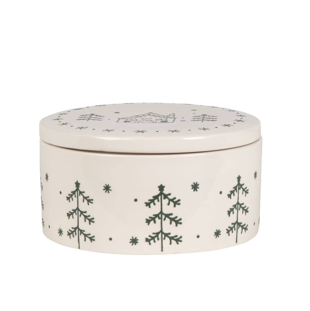 Boite+à+gâteaux+en+gres+beige+motifs+en+relief+verts+H10