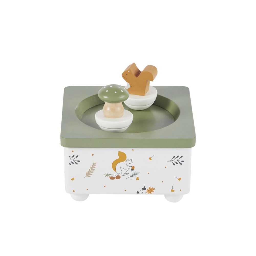 Boîte à musique écureuil et champignon verte, blanche et orange