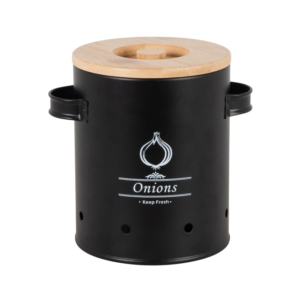 Boite+à+oignons+en+metal+noir+et+bambou+H17