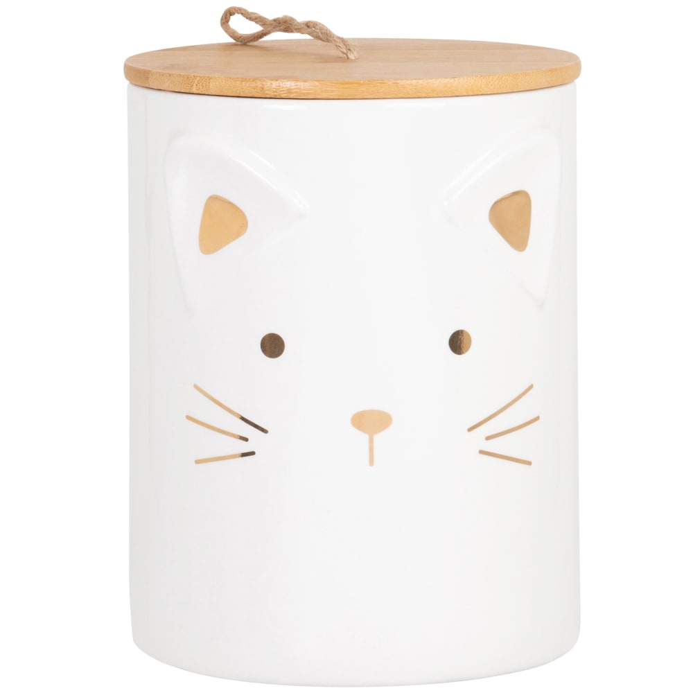 Boîte de croquettes en céramique blanche et dorée et couvercle en bambou
