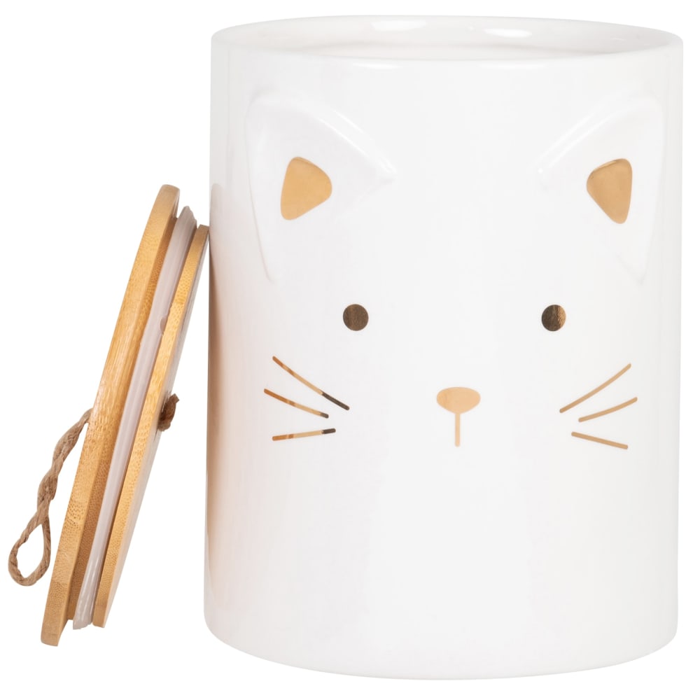 Boîte de croquettes en céramique blanche et dorée et couvercle en bambou - Maisons du Monde