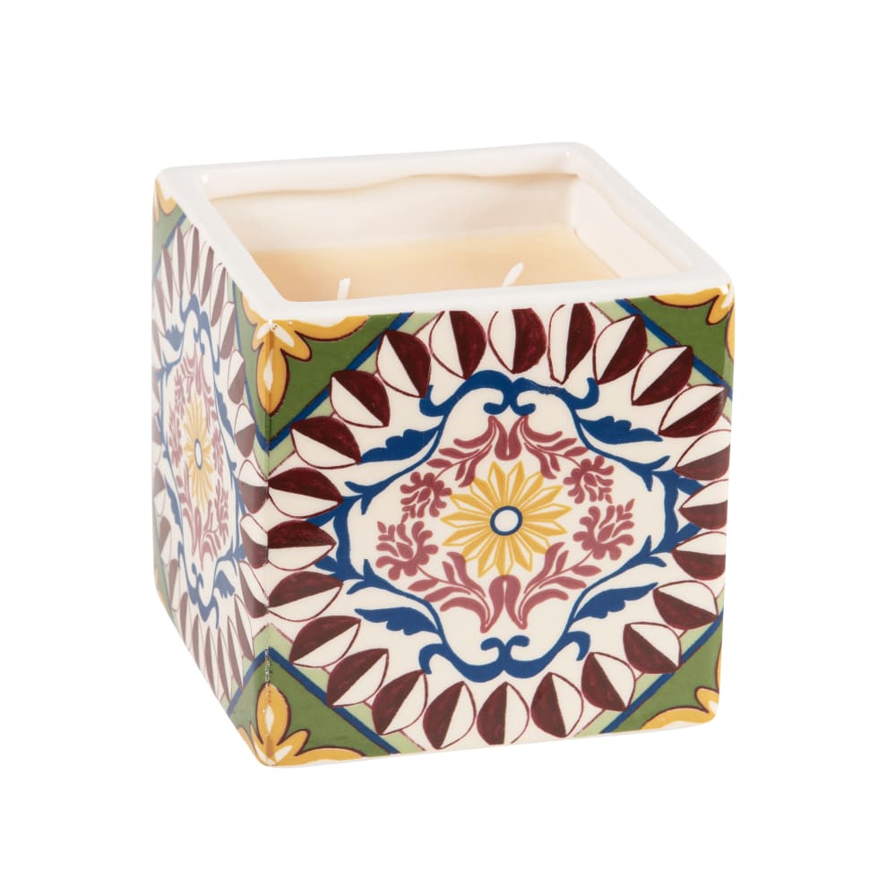 Bougie parfumée en céramique motif carreau de ciment multicolore
