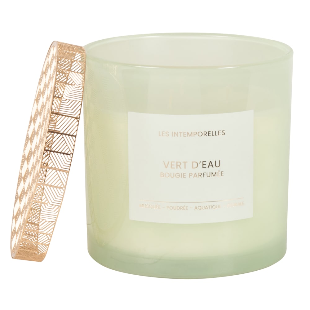 Bougie parfumée en verre bleu et couvercle en métal doré - Maisons du Monde