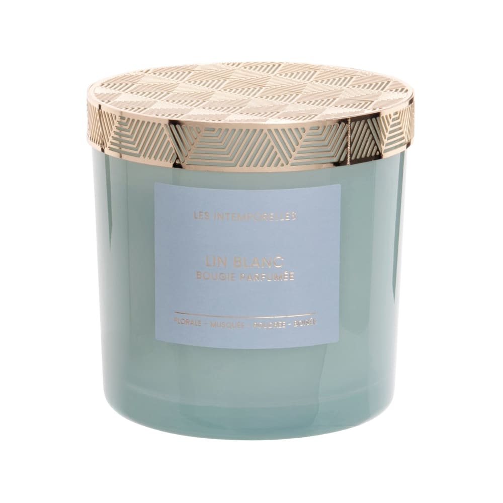 Bougie parfumée en verre teinté bleu clair et métal doré 350 g