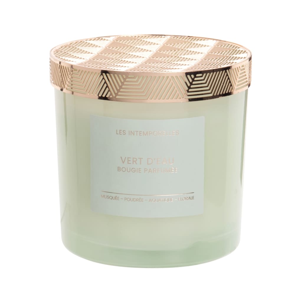 Bougie parfumée en verre teinté vert et métal doré 350g