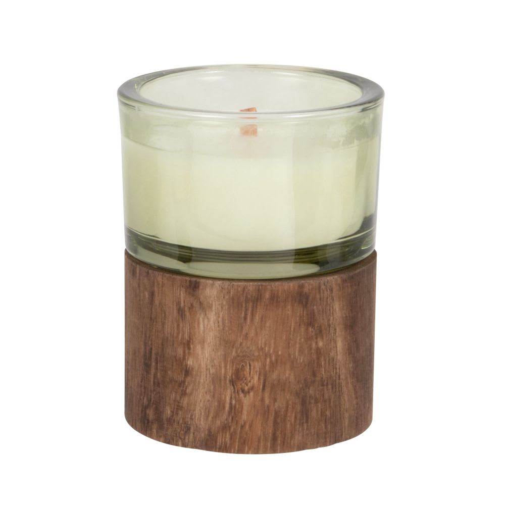 Bougie parfumée en verre vert kaki et socle en bois de schima
