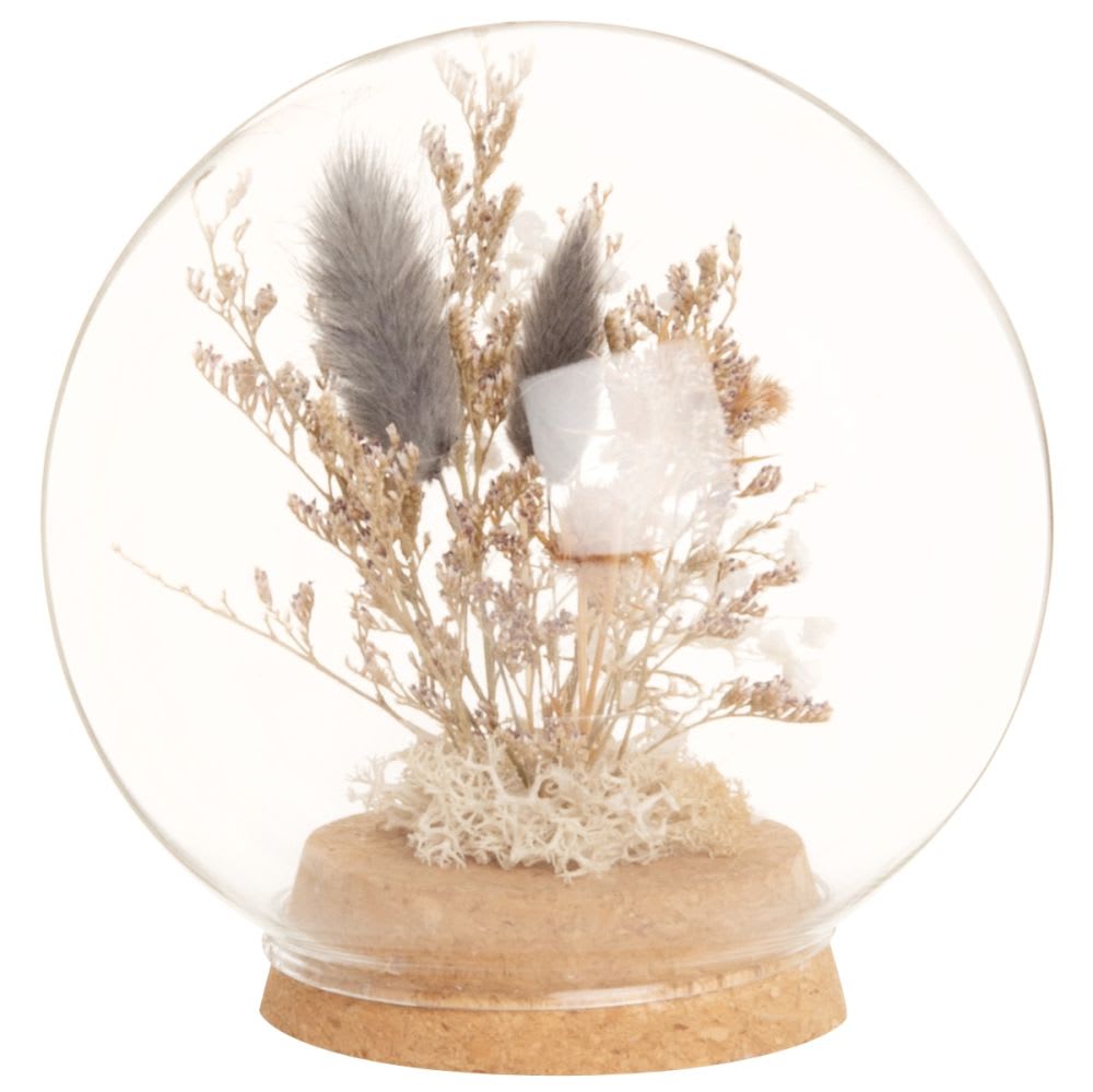 Boule en verre et fleurs séchées grises H13