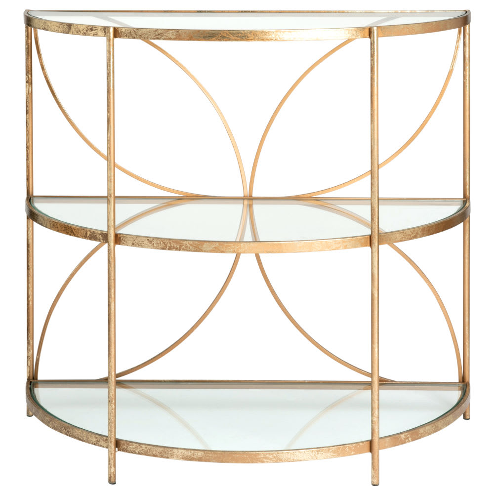 Bout de canapé demi-lune en métal doré et verre