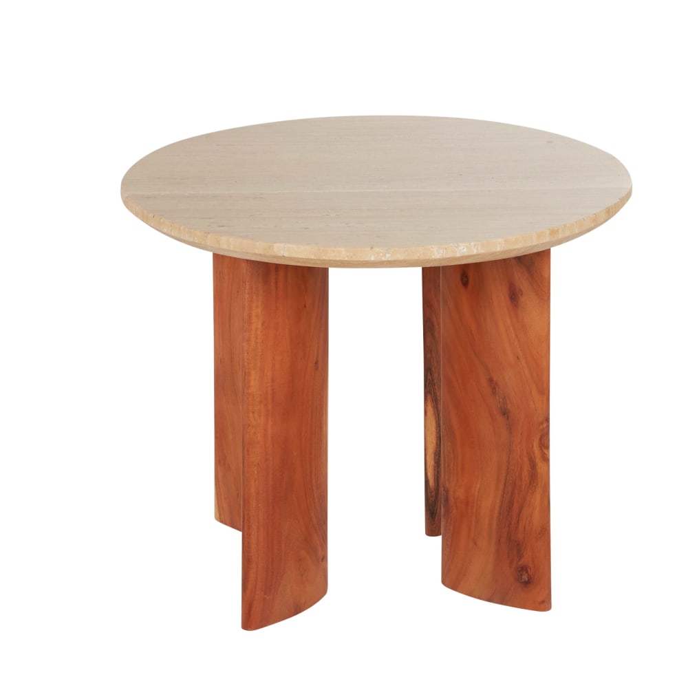 Bout de canapé en bois d'acacia et plateau en travertin