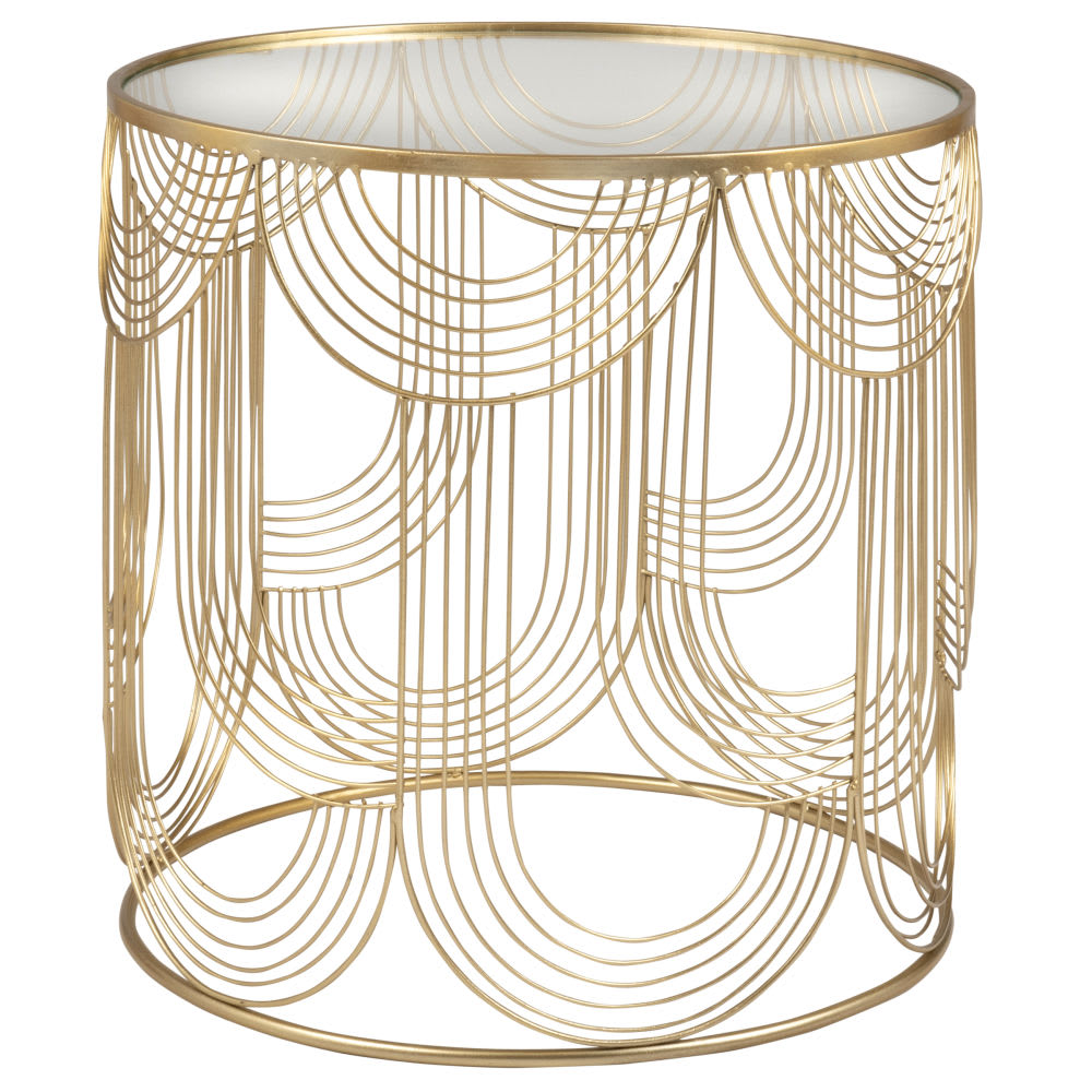 Bout de canapé en verre trempé et métal filaire doré