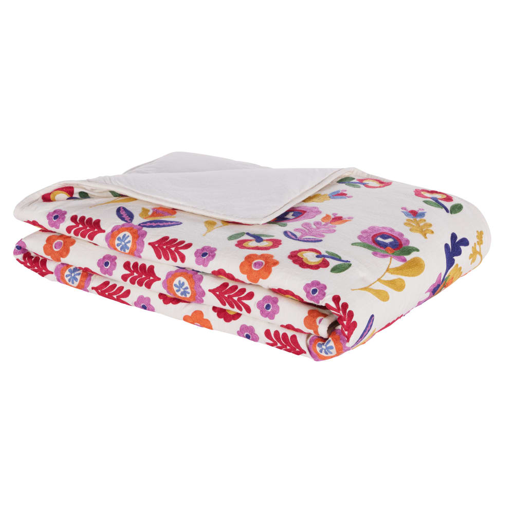 Boutis en coton et lin motif floral brodé multicolore 100x200 -