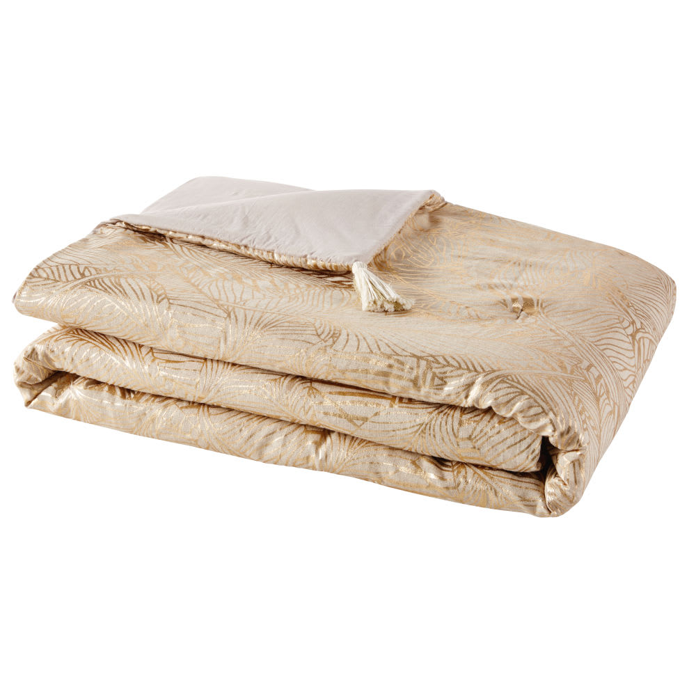 Boutis en lin et coton beiges imprimé feuillage doré 100x200