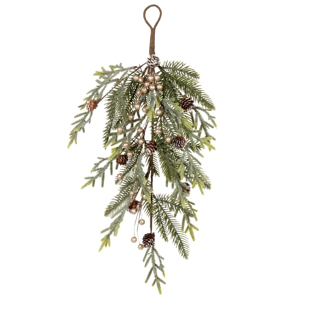 Branche de pin artificiel vert et boules dorées