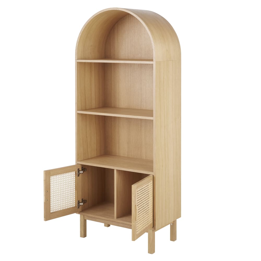 Bücherregal mit 2 Türen und 3 Fächern, Rattanbespannung, L70 -