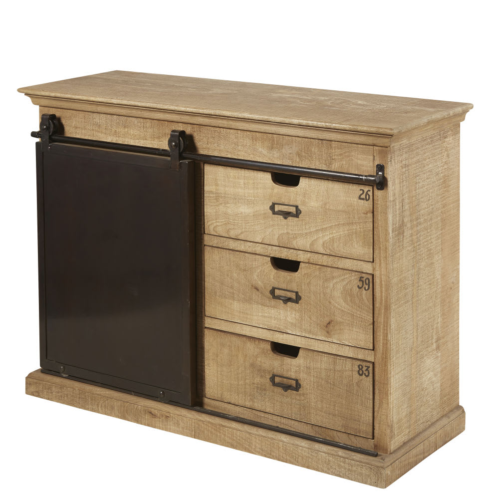 Buffet 1 porte 3 tiroirs en bois de manguier et acier, L116 cm — vue 4