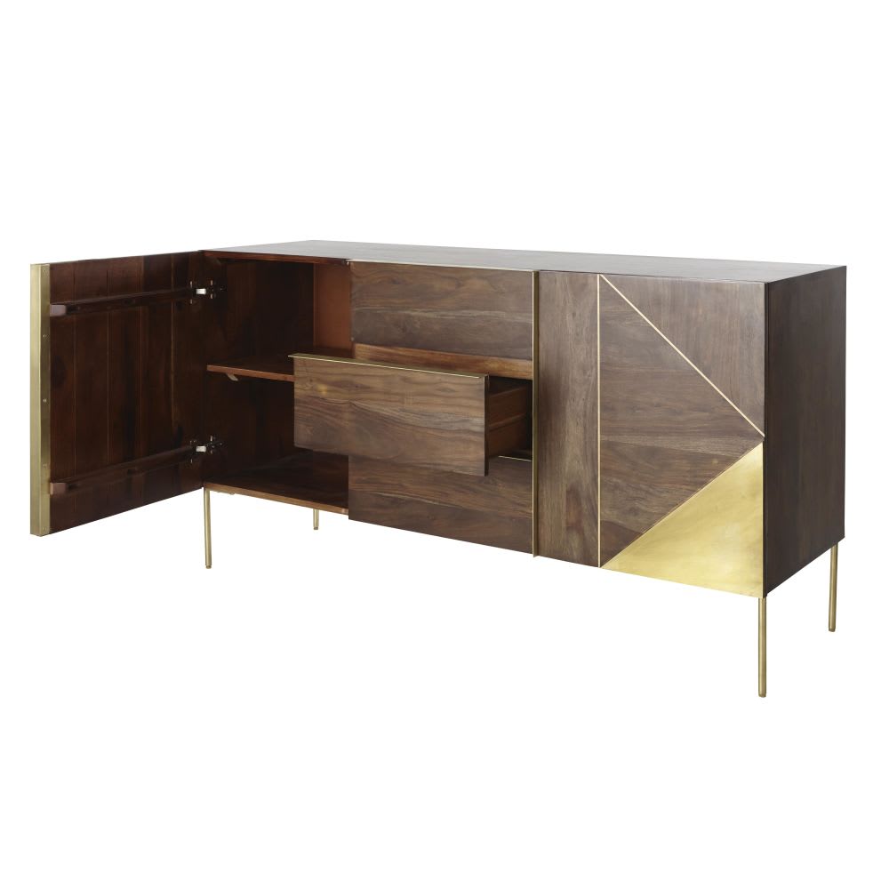 Buffet 2 portes 3 tiroirs en sheesham massif et métal doré L147 - Maisons du Monde