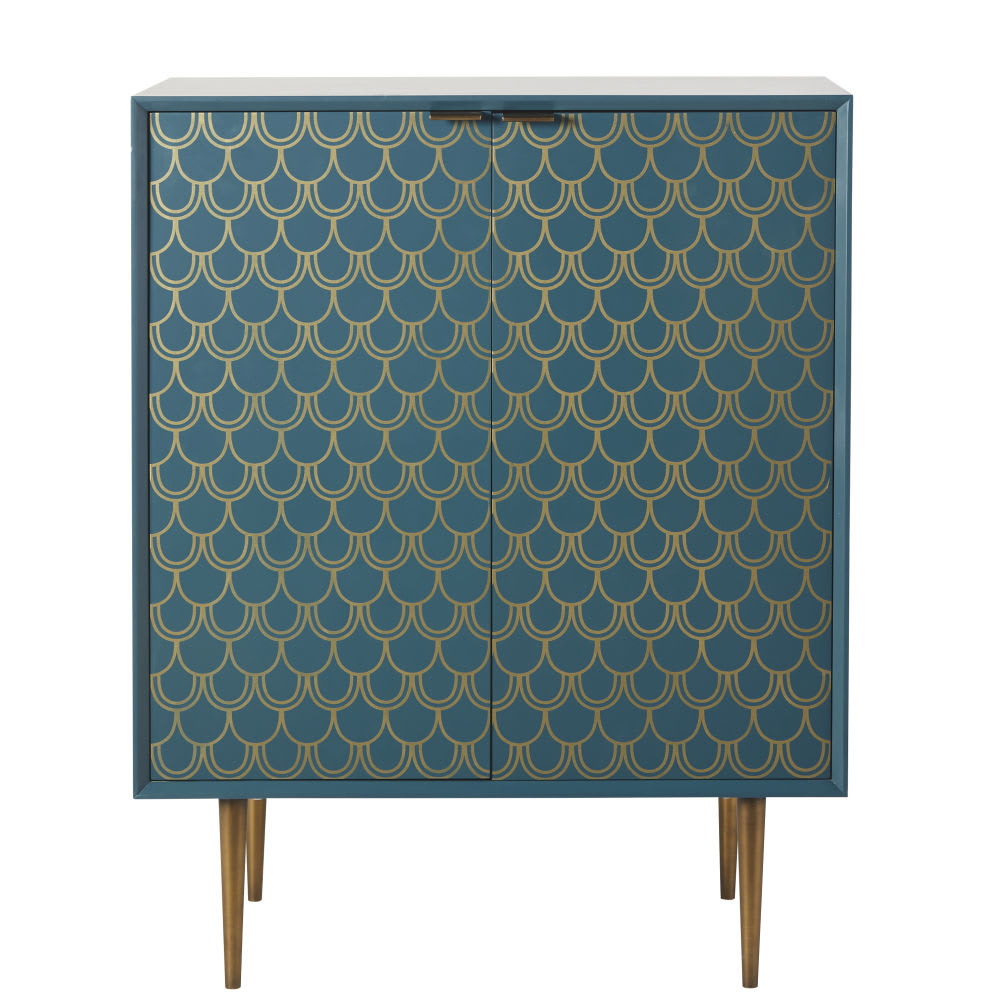 Buffet 2 portes bleu turquoise motifs graphiques dorés L70
