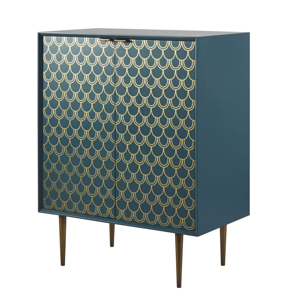 Buffet 2 portes bleu turquoise motifs graphiques dorés L70 -