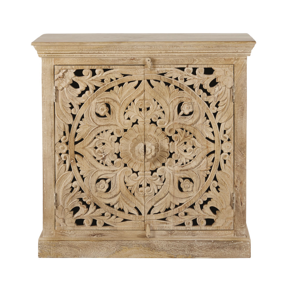 Buffet 2 portes en bois de manguier massif sculpté L90