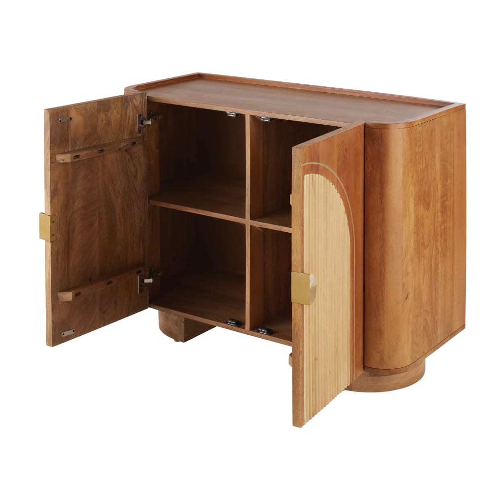 Buffet 2 portes en bois de manguier, rotin et métal coloris laiton L100