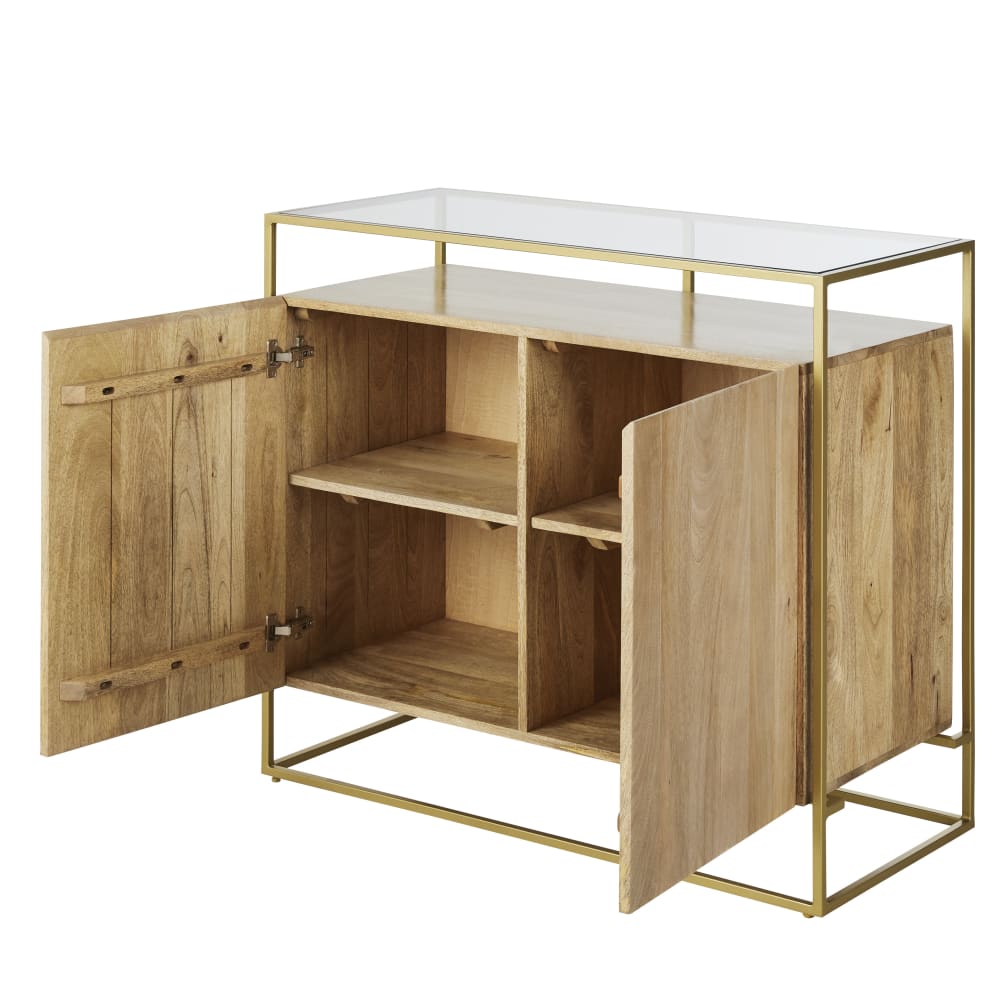 Buffet 2 portes en verre trempé et métal coloris laiton L100 - Maisons du Monde