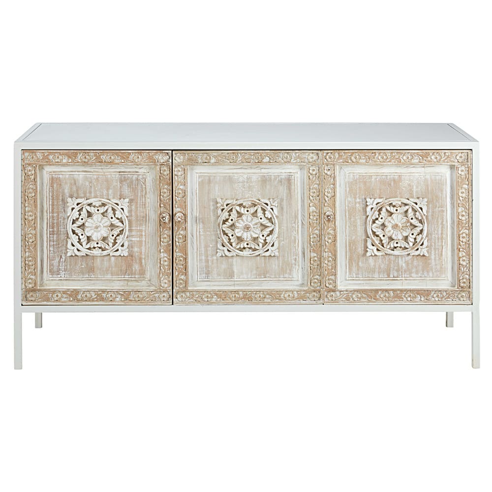 Buffet 3 portes en métal blanc et manguier sculpté L155