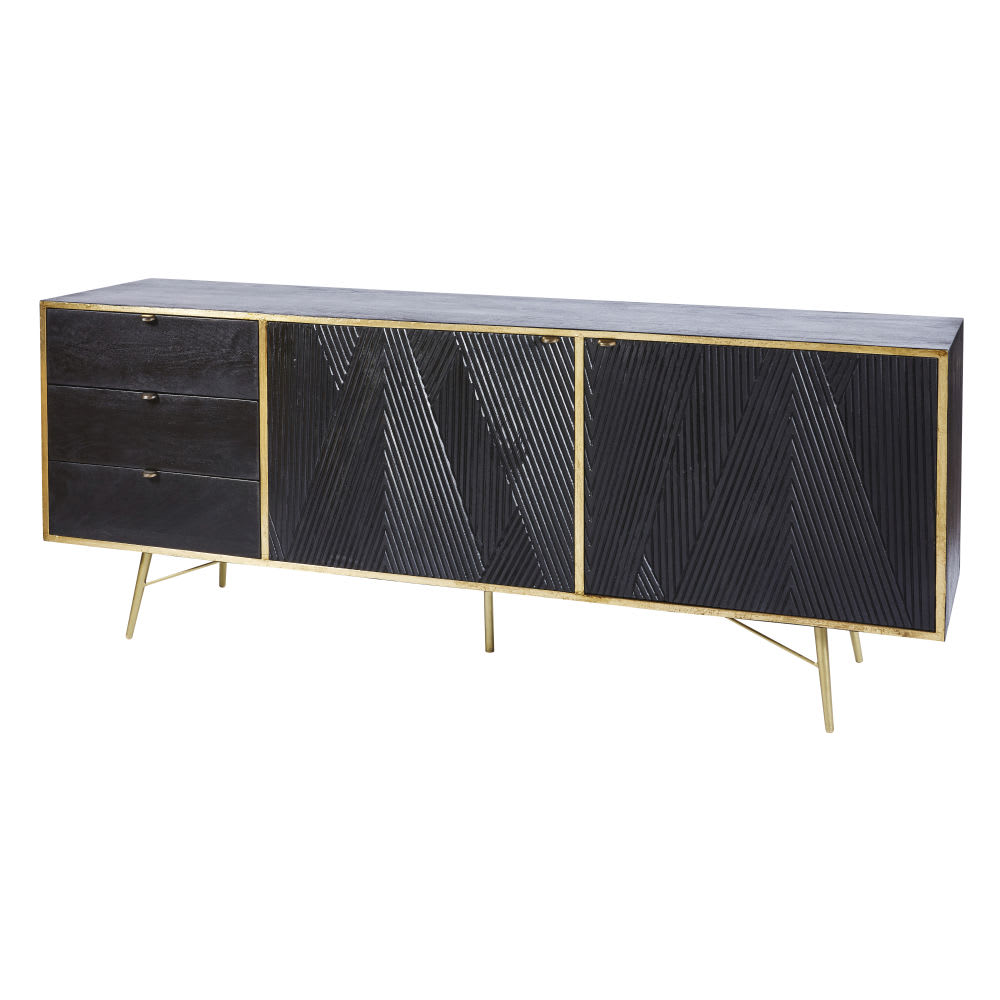 Buffet enfilade 2 portes 3 tiroirs en manguier massif noir L180 - Maisons du Monde