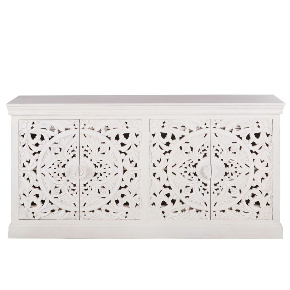 Buffet enfilade 4 portes en manguier massif sculpté blanc L180