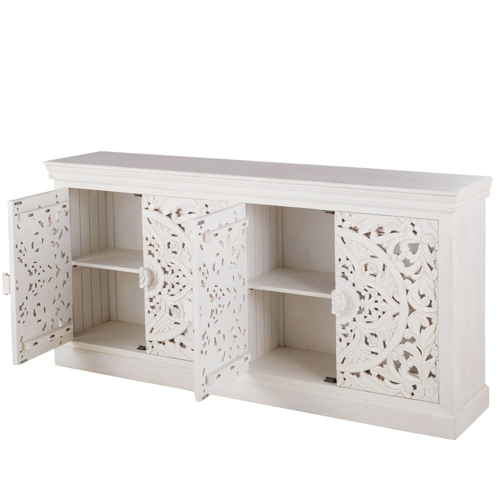 Buffet enfilade 4 portes en manguier massif sculpté blanc L180