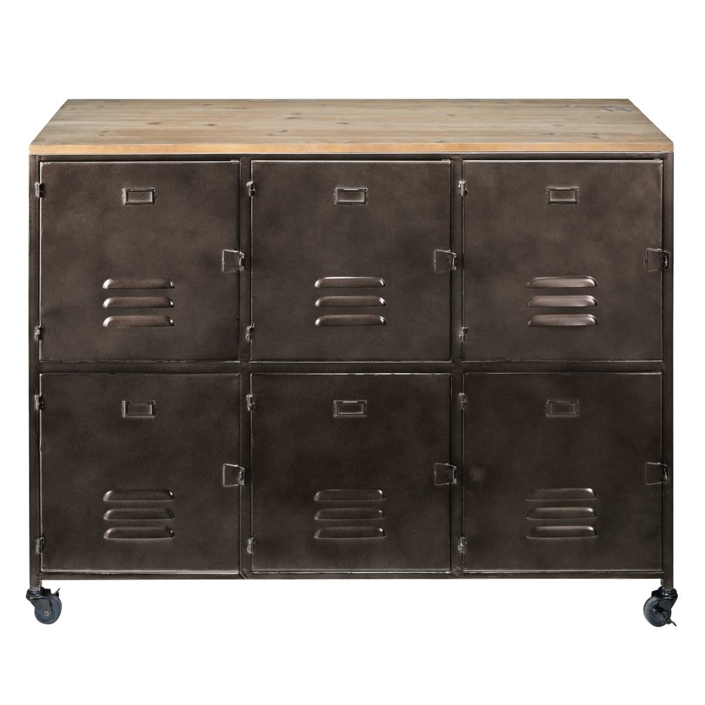 Buffet industriel à roulettes 6 portes en fer et bois de sapin L119 — Beyit