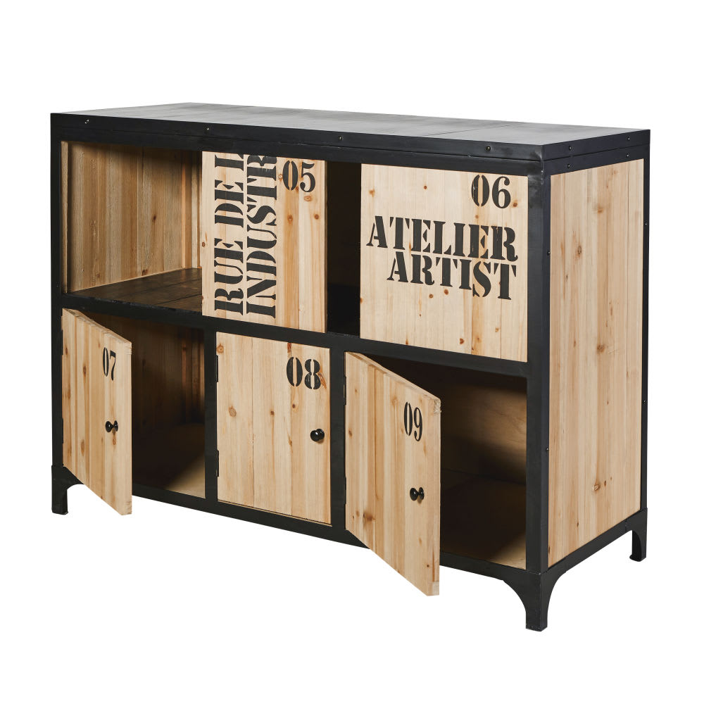 Buffet industriel en métal noir et bois de sapin L110