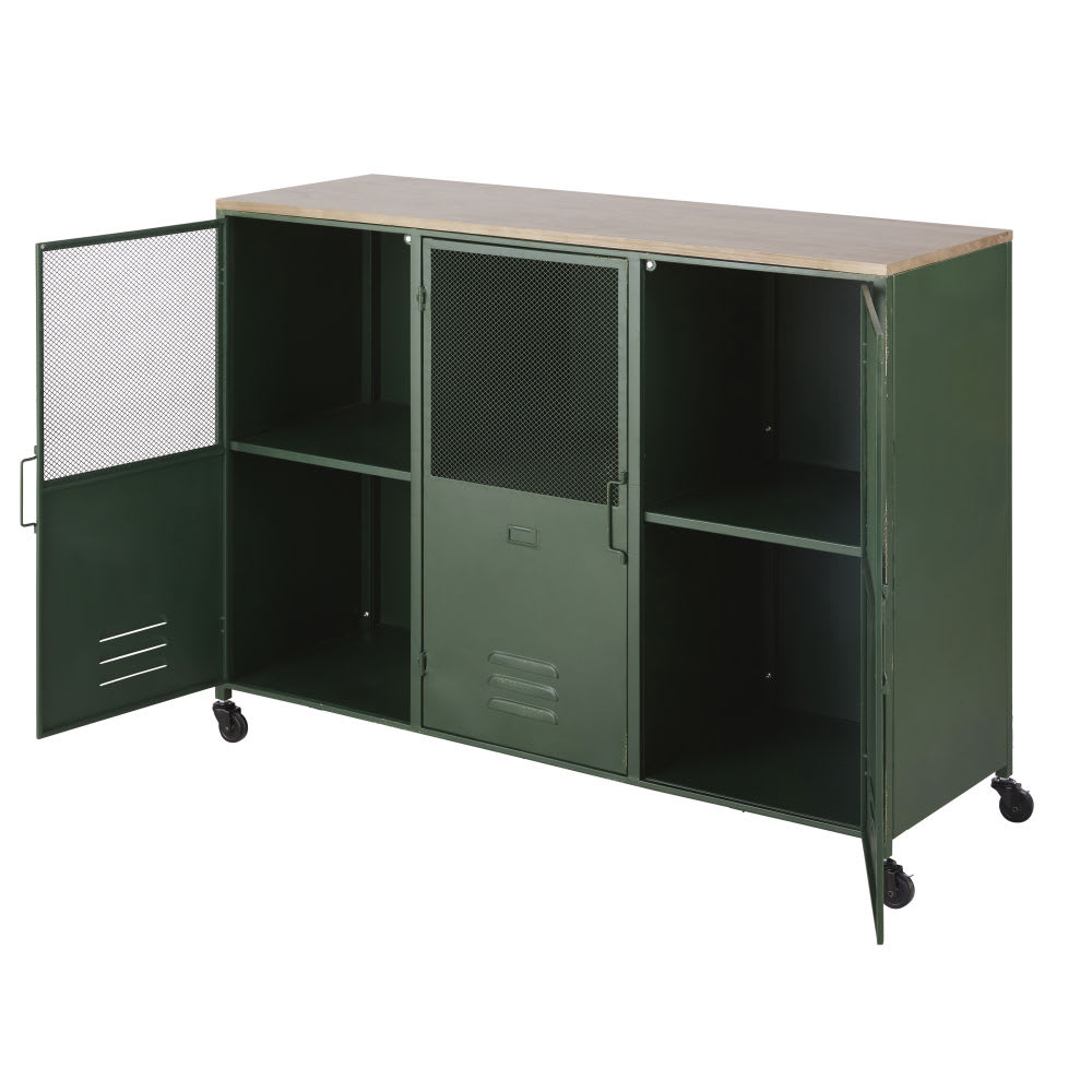 Buffet style industriel 3 portes en bois de sapin et acier vert à roulettes — vue 3